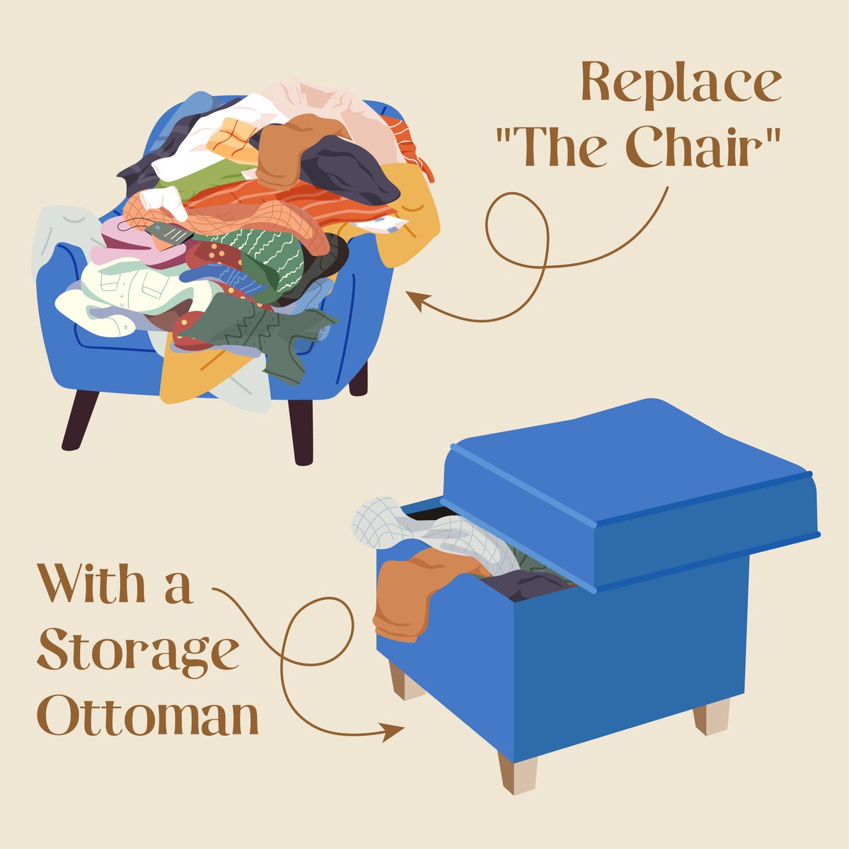 Got a chair that serves as a house catch-all? Try a storage ottoman instead. #HomeTips
Bill & Sophie Howell, #househunting, #newhome, #realtor, #realestate, #properties, #investmentproperty, #wanttomove, #dreamhome, #sellingproperty, #motherinlawsuite, #loghomes, #views,