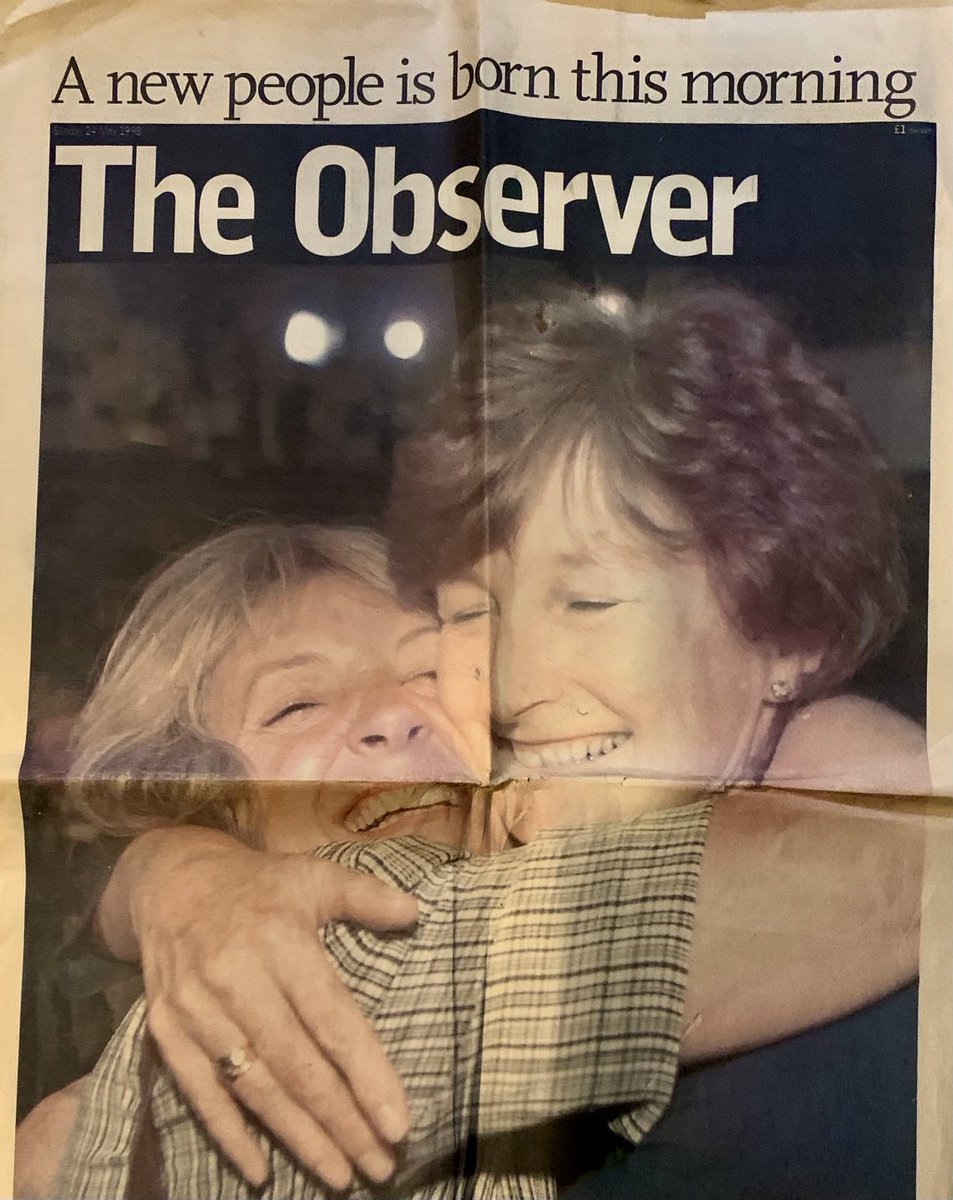 After the May 22, 1998 referendum on the #GoodFridayAgreement, this picture appeared on the front cover of the Observer newspaper. Myself and a great friend from the Northern Ireland Women’s Coalition celebrating the result in the Kings Hall in Belfast - a day to remember #25GFA