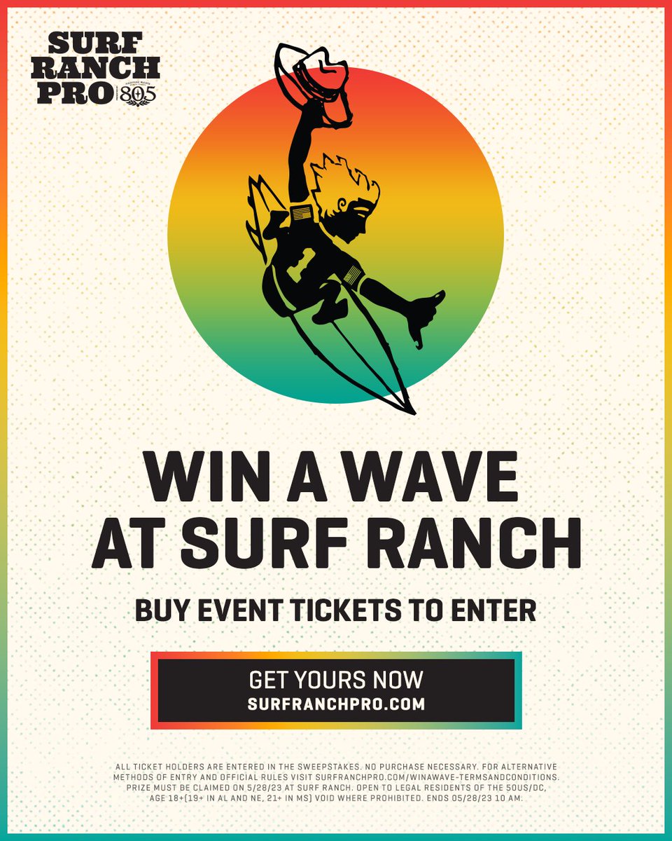 #surf wsl: Going to the #SurfRanchPro? A ticket to the event means you’re automatically entered for a chance to win a wave at the Surf Ranch! 🏄‍♂️ @805beer

Buy tickets now on surfranchpro.com.