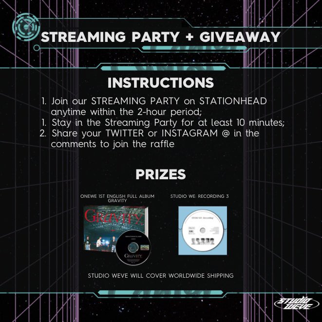 [📣] WEVEs! We are doing a combined GRAVITY x GIUK streaming event, including a giveaway! 

Rules:

- Like &amp; RT
- Please read below for more info on how to enter !

⏰️ May 27 4-6am KST

#ONEWE #원위 #GRAVITY #GIUK #기욱 #Psycho_Xybernetics 
#TURN_OVER #제0호선_시간역행