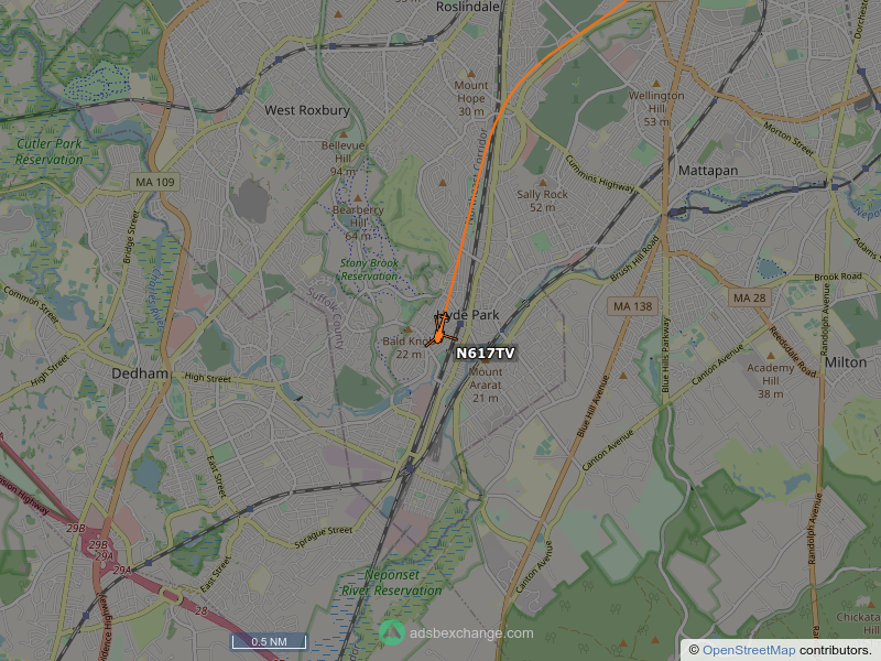 N617TV is circling over Roxbury, Boston at 700 feet, speed 112 MPH, 0.2 miles from William J. Devine Golf Course globe.adsbexchange.com/?icao=a80a7c&z…