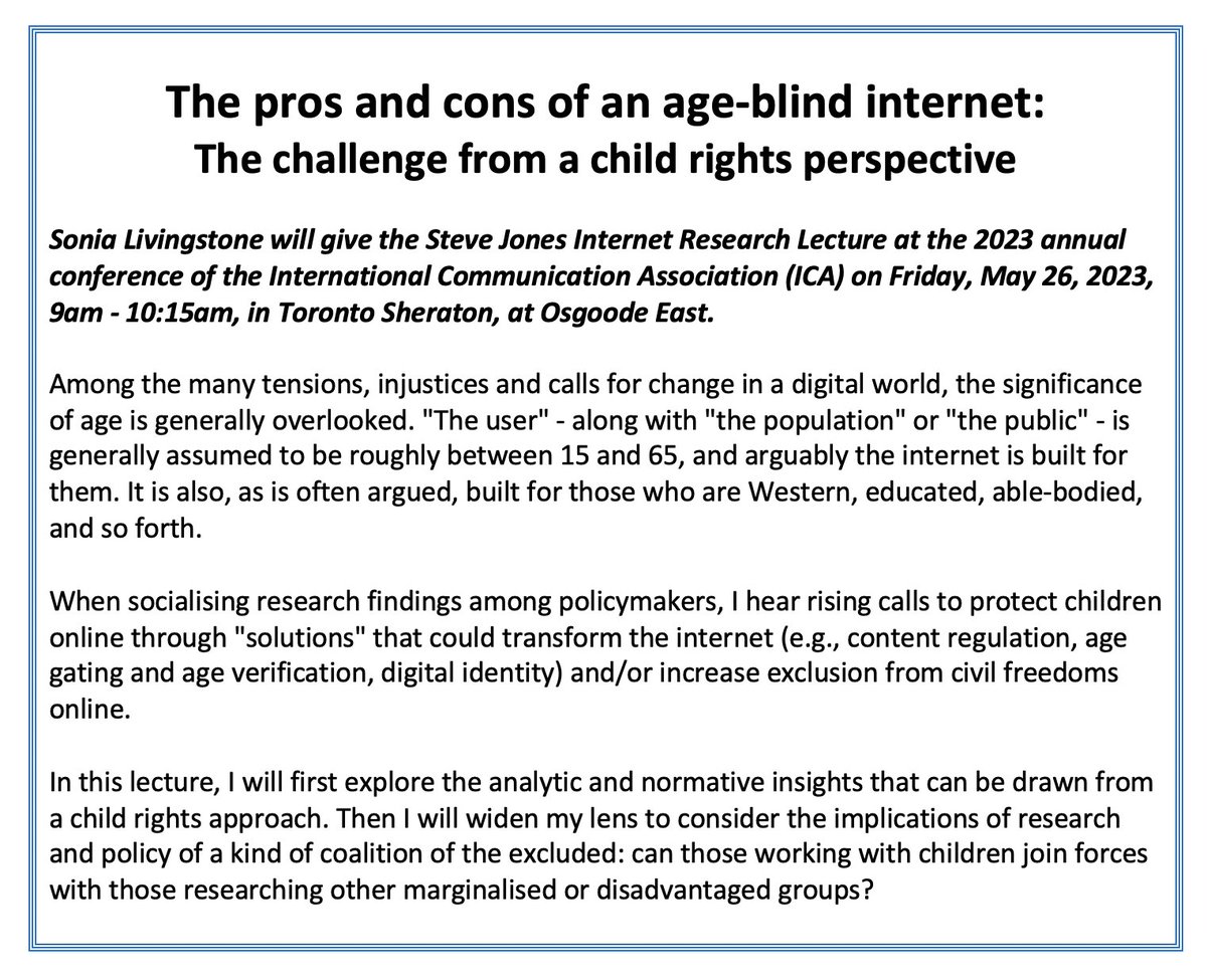 The pros and cons of an age-blind internet Just catching my plane for #ICA23 #ICA2023 and looking forward to giving the annual #SteveJones Internet Research lecture on Friday... #ChildRights #DigitalEnvironment #EvidenceBased #1in3 @MediaLSE #UNCRC @icacamdivision @ICA_CAT