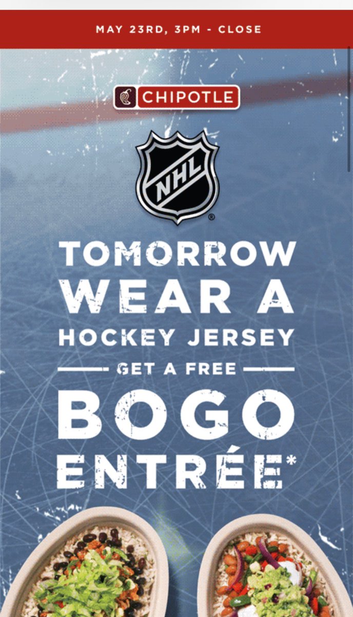 LynneDMiller's tweet photo. How can we find a list of participating @ChipotleTweets locations? Would love to celebrate #TacoTuesday #bogo #StanleyCupPlayoffs @NHL @blmiller https://t.co/kXzETC5r07