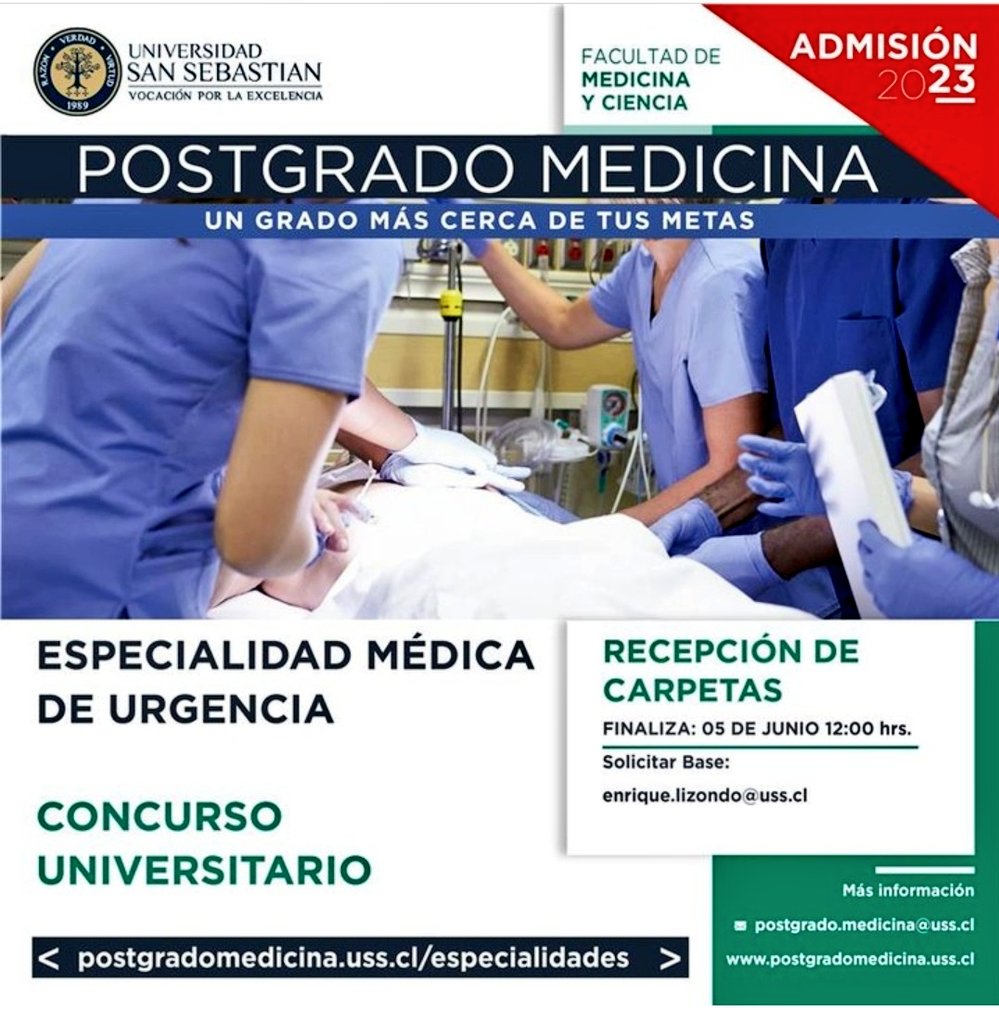 doncarlosdonoso's tweet photo. Último proceso postulacion 2023 especialidad Urg. USS
Campus clínicos:
@cl_santamaria @HSJDChile
Recepción de antecedentes hasta el 5 de junio

Bases de postulación a https://t.co/GTznZAgxXF https://t.co/DRIsMczfV1