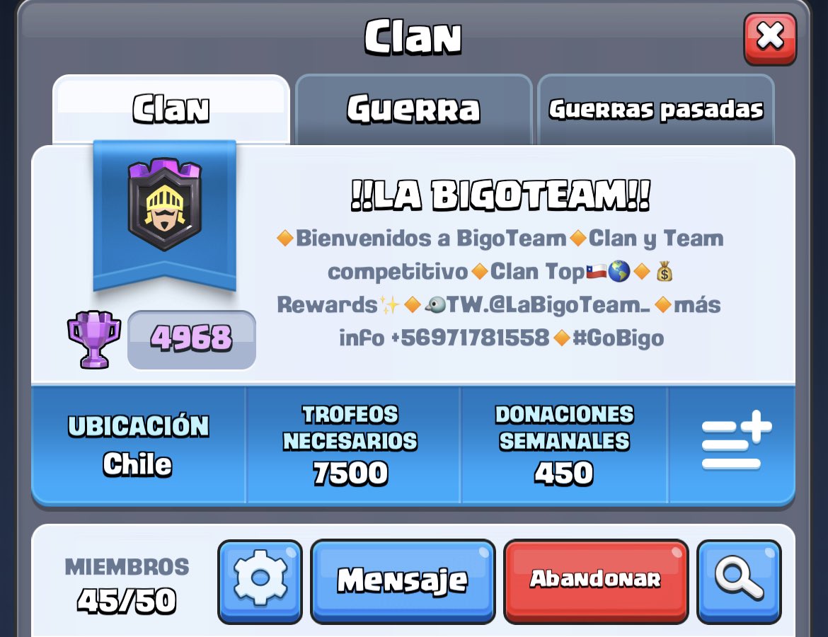 #Clashroyale | #Guerradeclanes

🔍 Reclutamiento de jugadores para Wars:

🃏 32 Cartas Maxeadas.
📊 Promedio 2900 semanal mínimo.
📑 Historial en guerra; clanes 4k/5k 🏆

Ofreceremos:
💰 Recompensas en Ladder y Wars.
💵 En Coliseo.
🖊️ Interesados enviar su #tag al MD 📥