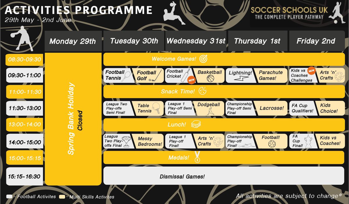 Only one week left until our May Half Term Holiday Camps Start! 😃😎

A few of the games and activities happening next week below 👀 

Still some places available to book 😃 

📧 admin@soccerschools-uk.com
💻 soccerschools-uk.com/booking 
📞 07463 237878