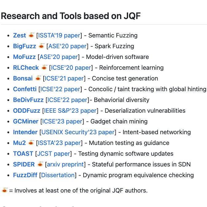 Rohan Padhye (@moarbugs) on Twitter photo JQF 2.0 released! The Java fuzzing framework now incorporates several speed and quality improvements from <a href="/_jon_bell_/">Jonathan Bell</a> & co. as well as support for implementing differential fuzzing. I'm excited to see lots of recent work leveraging #JQF's extensibility.
github.com/rohanpadhye/JQF JQF 2.0 released! The Java fuzzing framework now incorporates several speed and quality improvements from <a href="/_jon_bell_/">Jonathan Bell</a> & co. as well as support for implementing differential fuzzing. I'm excited to see lots of recent work leveraging #JQF's extensibility.
github.com/rohanpadhye/JQF