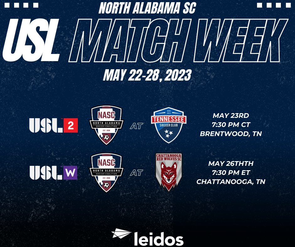 It's a @LeidosInc USL Match Week! Our @USLLeagueTwo & @USLWLeague teams are looking to pick up points in TN this week!

#northalabamasc #playwiththebest #Path2Pro #ForTheW