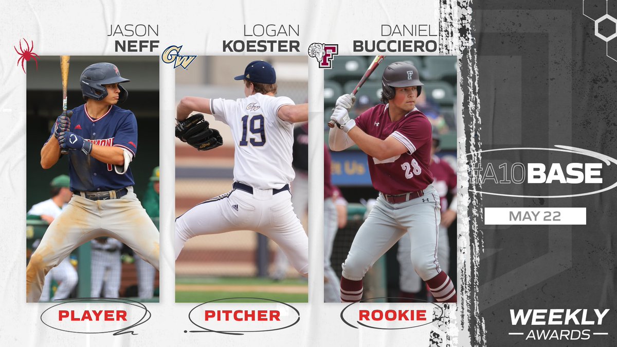 A couple big-time bats plus an elite outing on the mound clinch our final #A10BASE weekly honors for 2023...check 'em out ⤵️ ⚾️ Player: Jason Neff, @SpiderBaseball ⚾️ Pitcher: Logan Koester, @GWBaseball1 ⚾️ Rookie: Daniel Bucciero, @FordhamBaseball 📰: bit.ly/3Mv3PKX