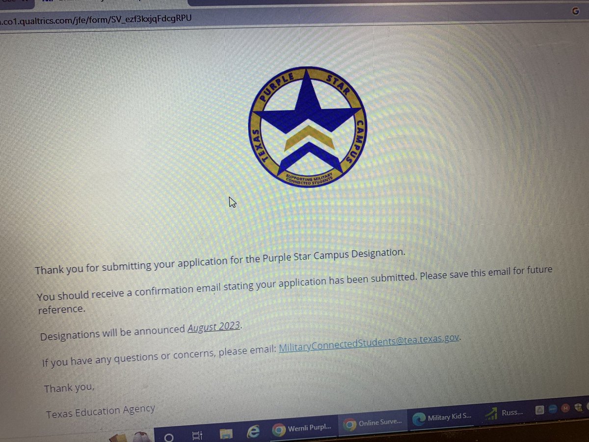 Mrs_ABarrett's tweet photo. Hooray! We sent in our application for the Purple Star Designation! We are so proud of all we have done @NISDWernli to support our military families. Hoping we can receive the designation and continue to support our military students.@MsGarza17 @NCANorthside @NISDCounseling https://t.co/tRRNSsBQLF