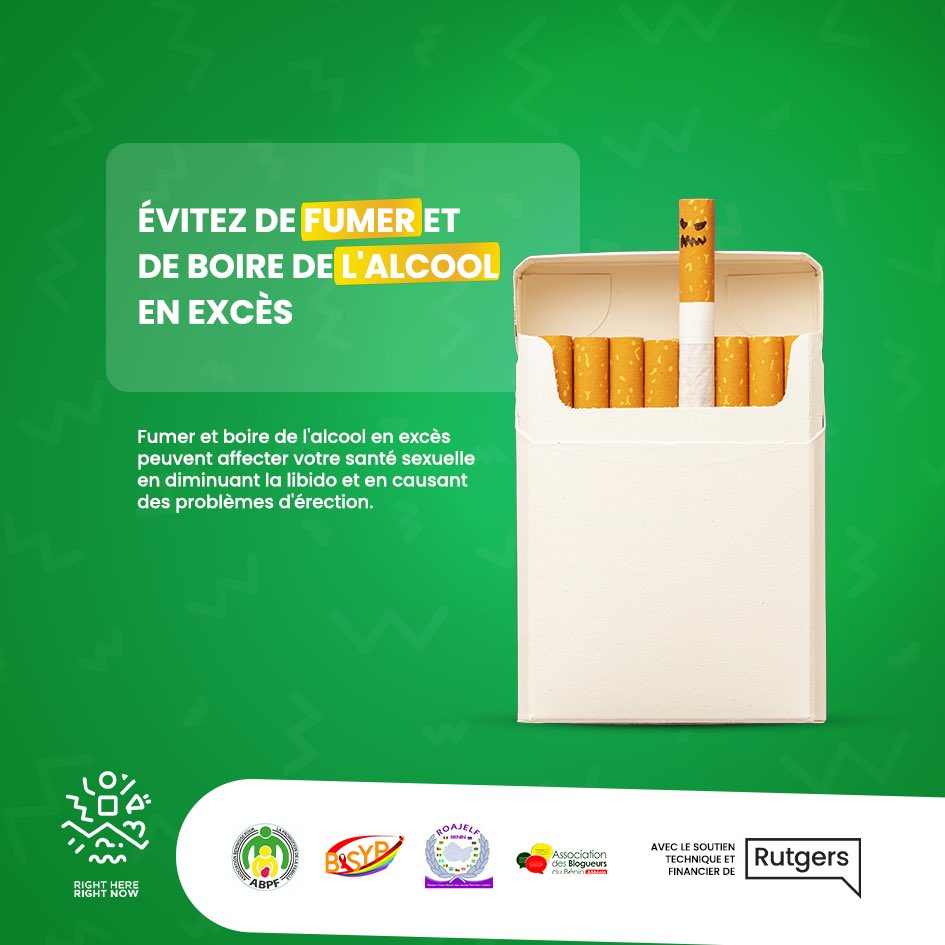 Prenez soin de votre santé sexuelle en faisant des choix éclairés. Le tabac et l'alcool excessifs peuvent nuire à votre intimité. Optez pour une vie équilibrée et épanouissante.

#icietmaintenant #rhrn2benin