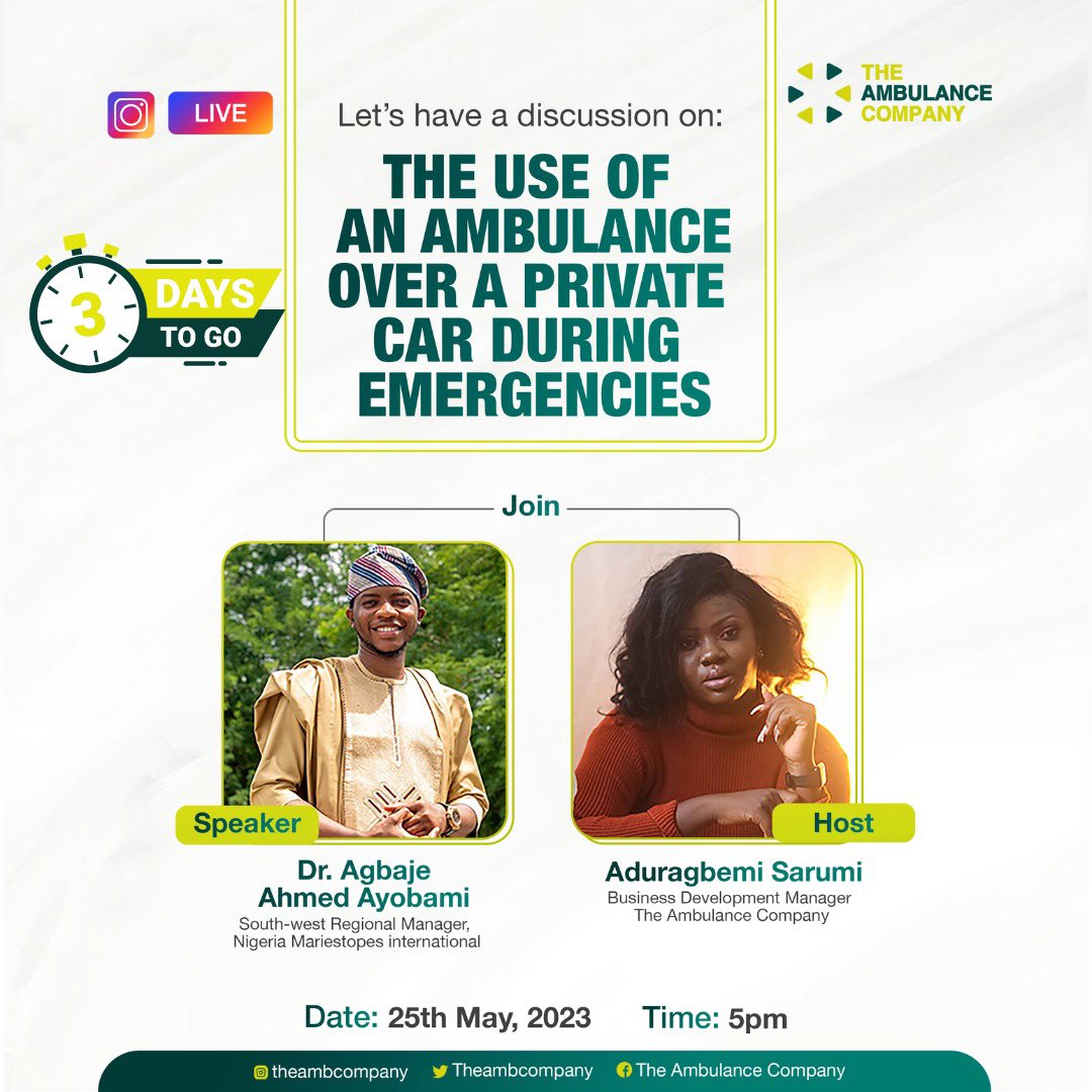 Theambcompany's tweet photo. Mark your calendars🗓, set a reminder, and prepare to learn something new.

The countdown begins now!!!

#savethedate #may25th #ems #ambco #ambulanceserviceinlagos #swiftresponse https://t.co/eIQQ1yW4r8
