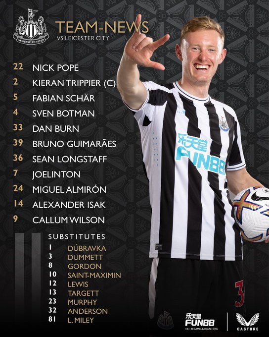 Newcastle United v Leicester City:

Pope, Trippier (C), Schär, Botman, Burn, Bruno G., Longstaff, Joelinton, Almirón, Isak, Wilson.