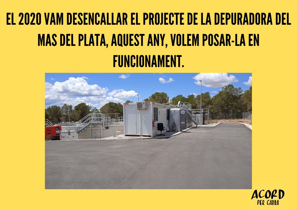 AcordperCabra's tweet photo. [Què proposem per Cabra del Camp?]
El 2020 vam desencallar el projecte de la depuradora del Mas del Plata, aquest any, volem posar-la en funcionament. 
També treballarem per aconseguir que la depuradora del nucli urbà sigui una realitat. 
#Municipals2023 #Cabradelcamp #28demaig https://t.co/5ZnomnNSrM