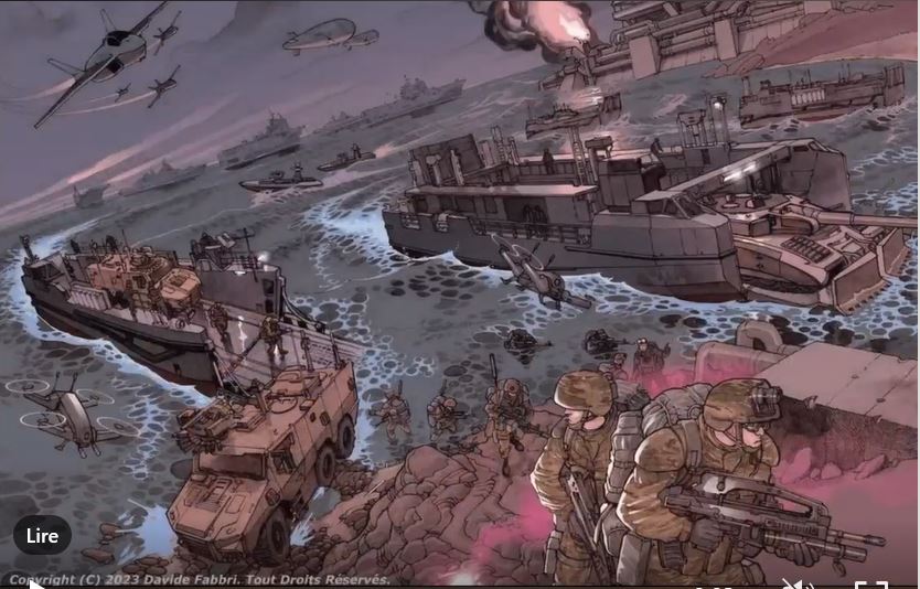 Vue d'artiste pour le salon i-Naval (Toulon, 1er juin) - "Quelles innovations pourraient être mises en œuvre dans une opération de débarquement en 2030 ?" 

SCAF, MGCS, Serval, drones navals, EDAS, ballons...