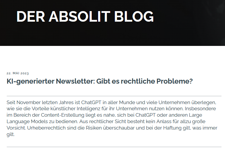 KI-generierter Newsletter: Gibt es rechtliche Fragestellung? absolit.de/rechtslage/ki-… #Urheberrecht #Haftung