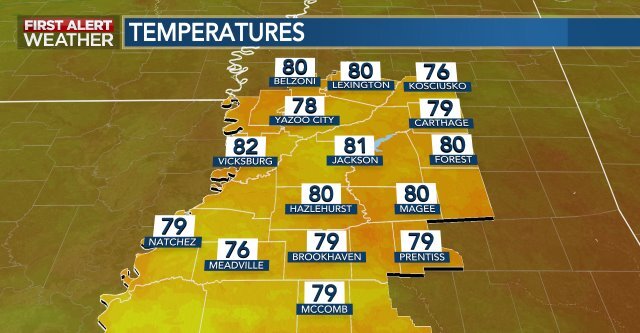 PatrickEllisWx's tweet photo. Here's a look at afternoon temperatures across central Misssissippi. #mswx #firstalertms https://t.co/HgQ2PfFTfG