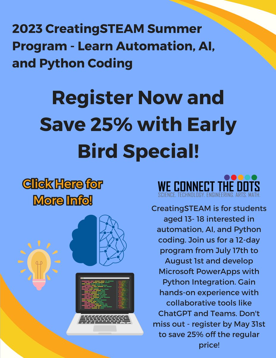 Looking for a Summer program for Middle and High school students to help strengthen your technology skills? We have the perfect program for you! CreatingSTEAM summer registration is now open. Take advantage of our early bird special. 
Learn More Here: we-connect-the-dots.org/creatingsteam
