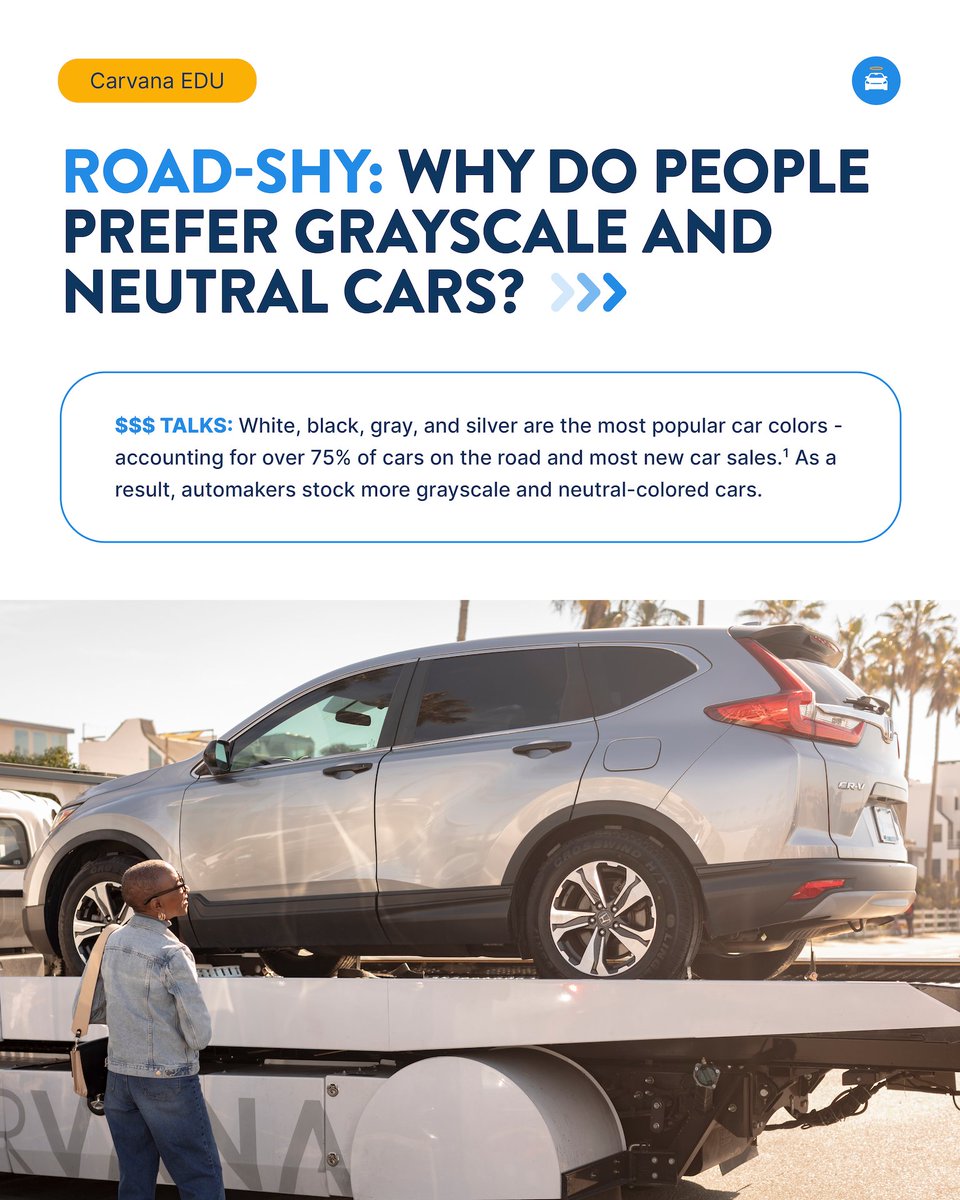 Carvana's tweet photo. Wonder why it seems like most cars sport grayscale or neutral colorways? From trends in design and fashion to $$$, we've got the answer: https://t.co/eIMYbUaM6q
#colorway #car #cars #didyouknow #infographic #edutainment #carcolor #grayscale #interiordesign #dyk #fashionstyle https://t.co/HAZKBwjZNV