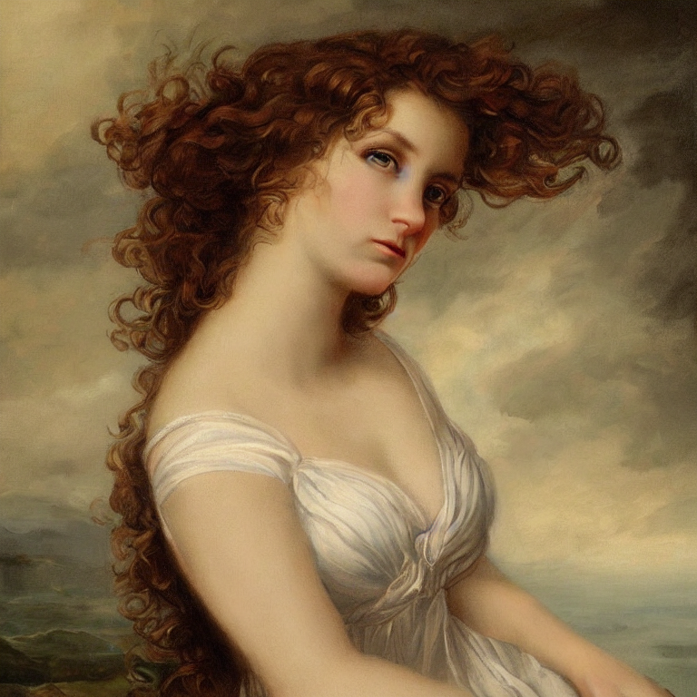 CREAIT_OFFICIAL's tweet photo. A highly detailed and realistic painting of a young woman with wavy hair, wearing an elegant dress, looking off into the distance with a mysterious expression, in a romantic landscape #aiart #aigeneratedart https://t.co/wyeMChuHII