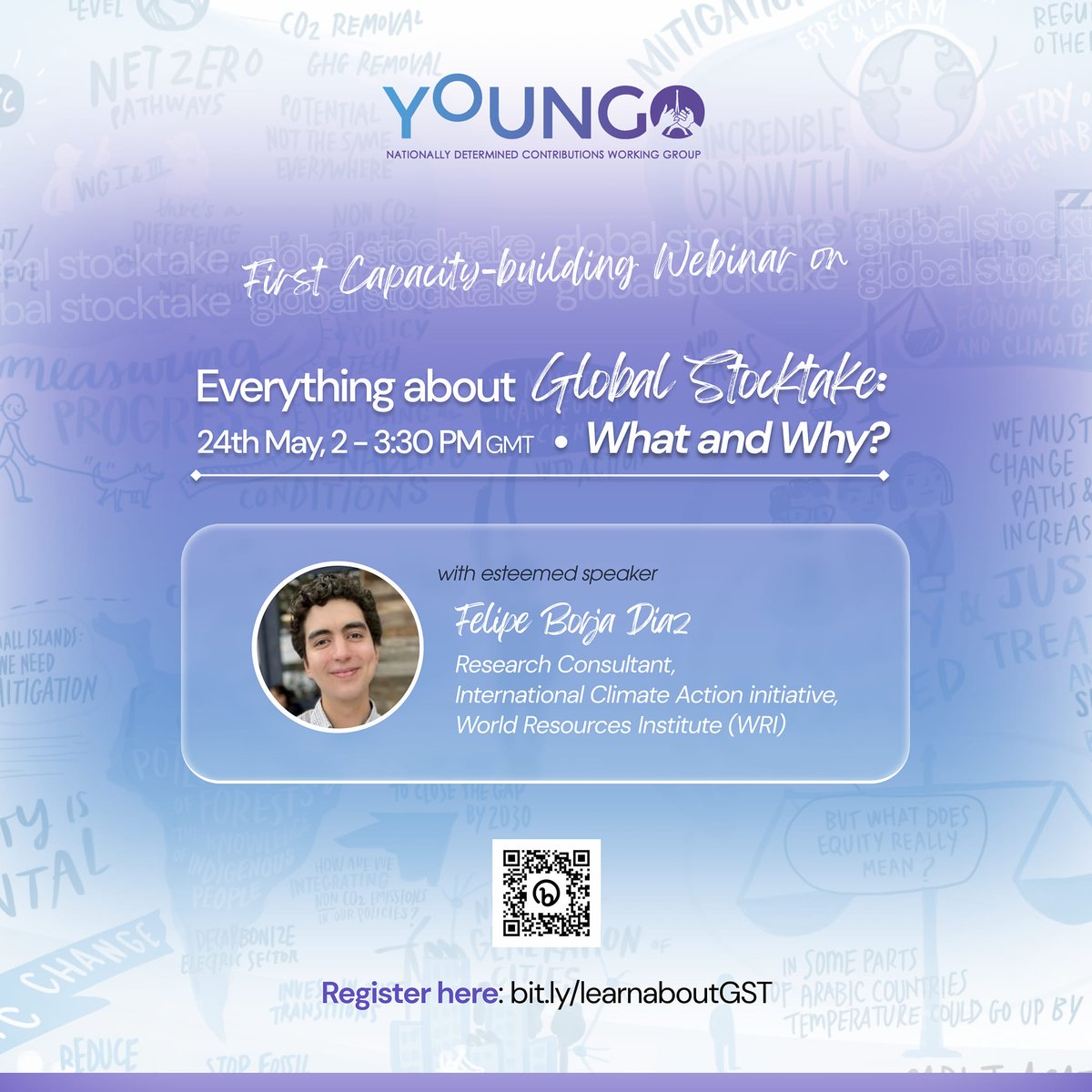 The Global Stocktake is designed to assess collective progress towards achieving the goals of the #ParisAgreement 

Youth have an important role to play in a successful #GST outcome. Register for a capacity-building session at 2pm GMT on 24th May
bit.ly/learnaboutGST