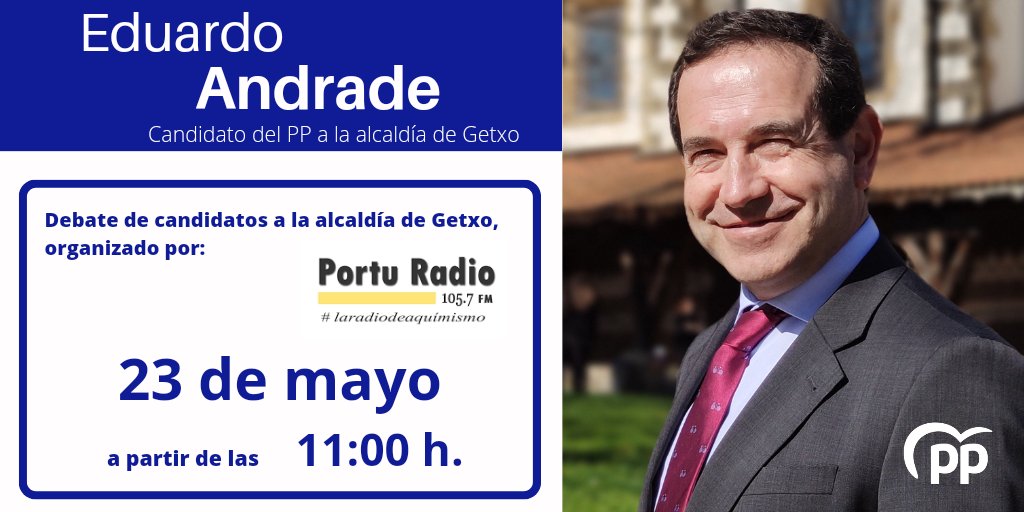 📻Mañana, martes 23 de mayo, nuestro candidato <a href="/eandradepp/">Eduardo Andrade</a> participa en el debate de candidatos a la alcaldía de #getxo organizado por <a href="/PortuRadio/">Portu Radio</a> a las 11:00 horas.

🗓 Martes, 23 de mayo
🕐 11:00 horas
📻 Portu Radio (105.7 fm)

Síguelo en directo 👇
porturadio.org/en-directo/