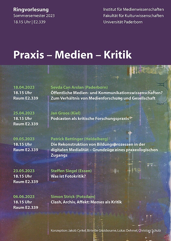 Morgen ist <a href="/steffen_siegel/">Steffen Siegel</a> zu Gast in unserer Ringvorlesung am Institut für Medienwissenschaften an der <a href="/unipb/">Universität Paderborn</a>! Wie immer ab 18:15Uhr in Raum E2.339. Alle weiteren Informationen (inkl. aller abstracts) gibt es hier: kw.uni-paderborn.de/institut-fuer-…