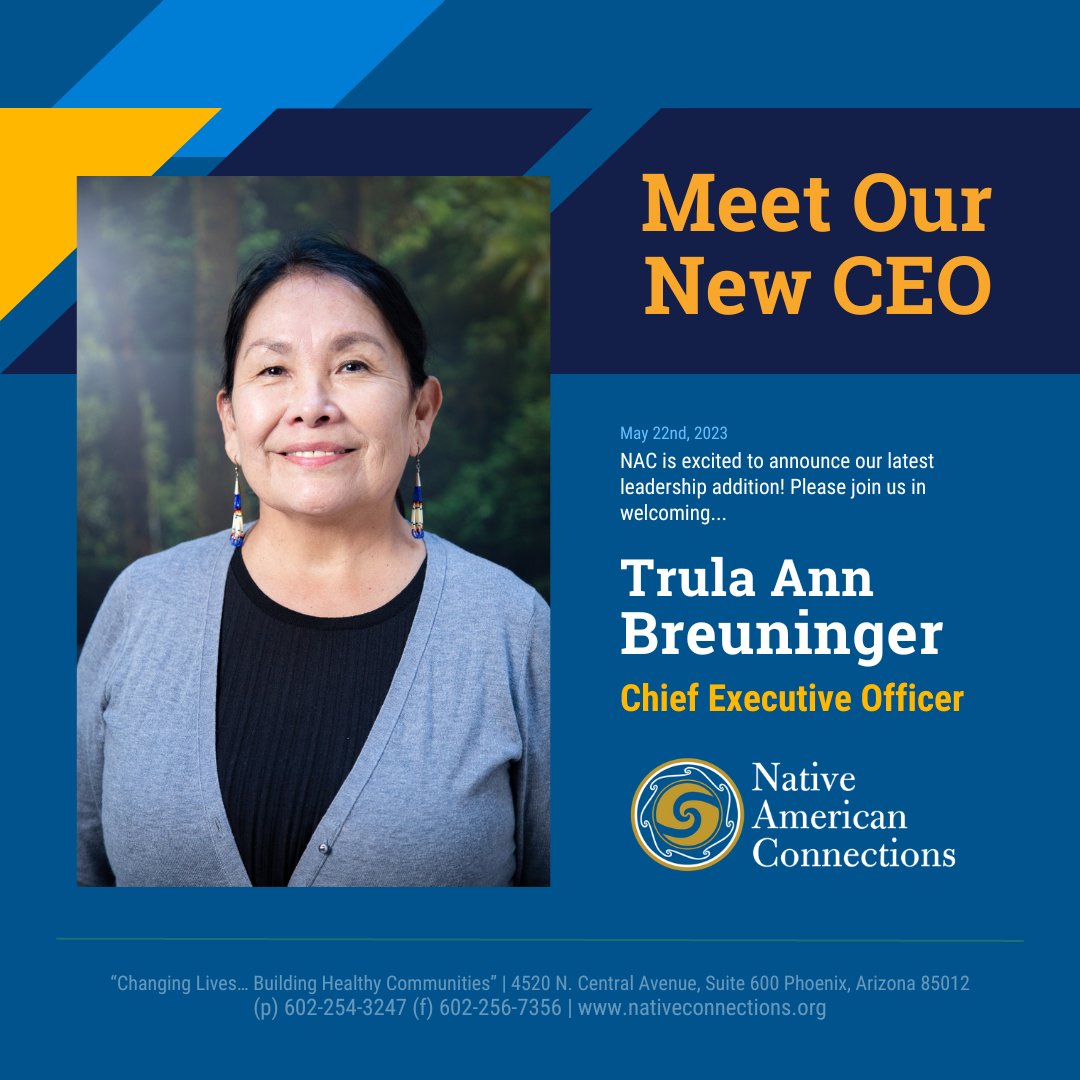 NAC_Phoenix's tweet photo. Native American Connections announces Trula Breuninger as its new CEO! Read our press release here: https://t.co/XhzsZwlAfi. Please join us in welcoming Trula to our team! 🌟 We're so glad you're here! #NACcommunity #NACleadership #PressRelease #nonprofit https://t.co/IN9b550XTU