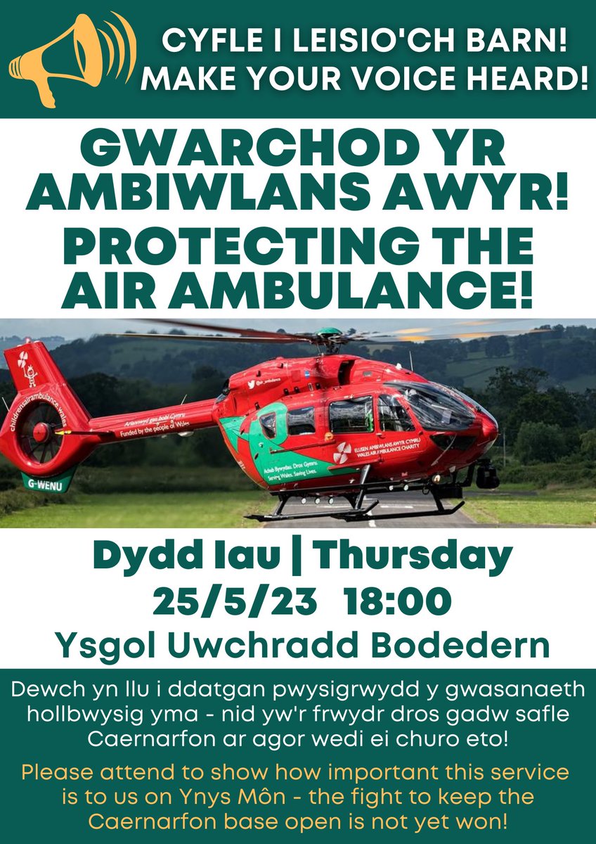 RhunapIorwerth's tweet photo. 📢 Nos Iau yma! This Thursday evening!
Hollbwysig bod cymaint a phosib yn mynychu’r cyfarfod hwn #Bodedern #YnysMon
Have your say on the Air Ambulance’s future!
Os am gopi o’r poster i’w brintio: rhun.apiorwerth@senedd.cymru https://t.co/qGkP3CNcbe