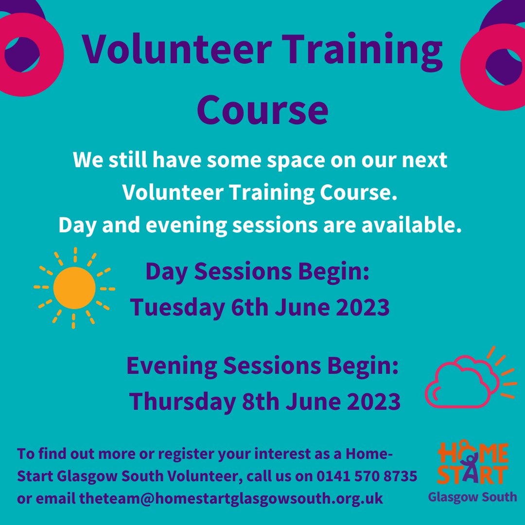 HomeStartGS's tweet photo. Want to volunteer with us?
Our next Volunteer Training Course is coming up very soon 📝
This 7 week course will prepare you for supporting local families in south Glasgow.
To find out more, email theteam@homestartglasgowsouth.org.uk or call us on 0141 570 8735.
@VolScotland https://t.co/l0Mg8nkdPg