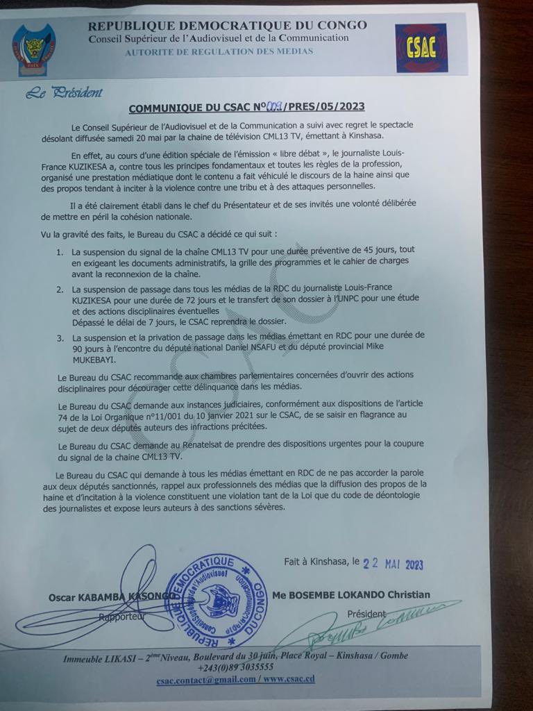 kabumba_justin's tweet photo. 🇨🇩Le Bureau du #CSAC décide;
●Suspension et la privation dans les médias émettant en RDC pr une durée de 90 jours de #Safu et #Mukeba
●suspension du signal de la chaîne de télévision de #CML13 TV pendant 45 jrs
●suspension du journaliste Louis-F Kuzikesa pour 72 jrs https://t.co/MQtyDd0Rap