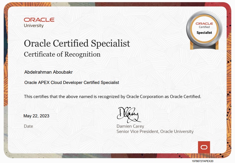 Alhamdulillah , I’m happy and proud to share that I’ve obtained a new certification: Oracle APEX Cloud Developer Certified Specialist.

Badge Link

catalog-education.oracle.com/pls/certview/s…

#orclapex #oracledatabase #oracledeveloper #oracle #oraclecloud  #uae #abdukhalifa #oraclecertified