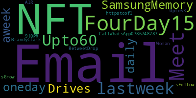 Trending in my timeline now:  #Email (3)  #NFT (2)  #FourDay15 (1)  #Meet (1)  #lastweek (1)  #Upto60 (1)  #SamsungMemory (1)  #Drives (1)