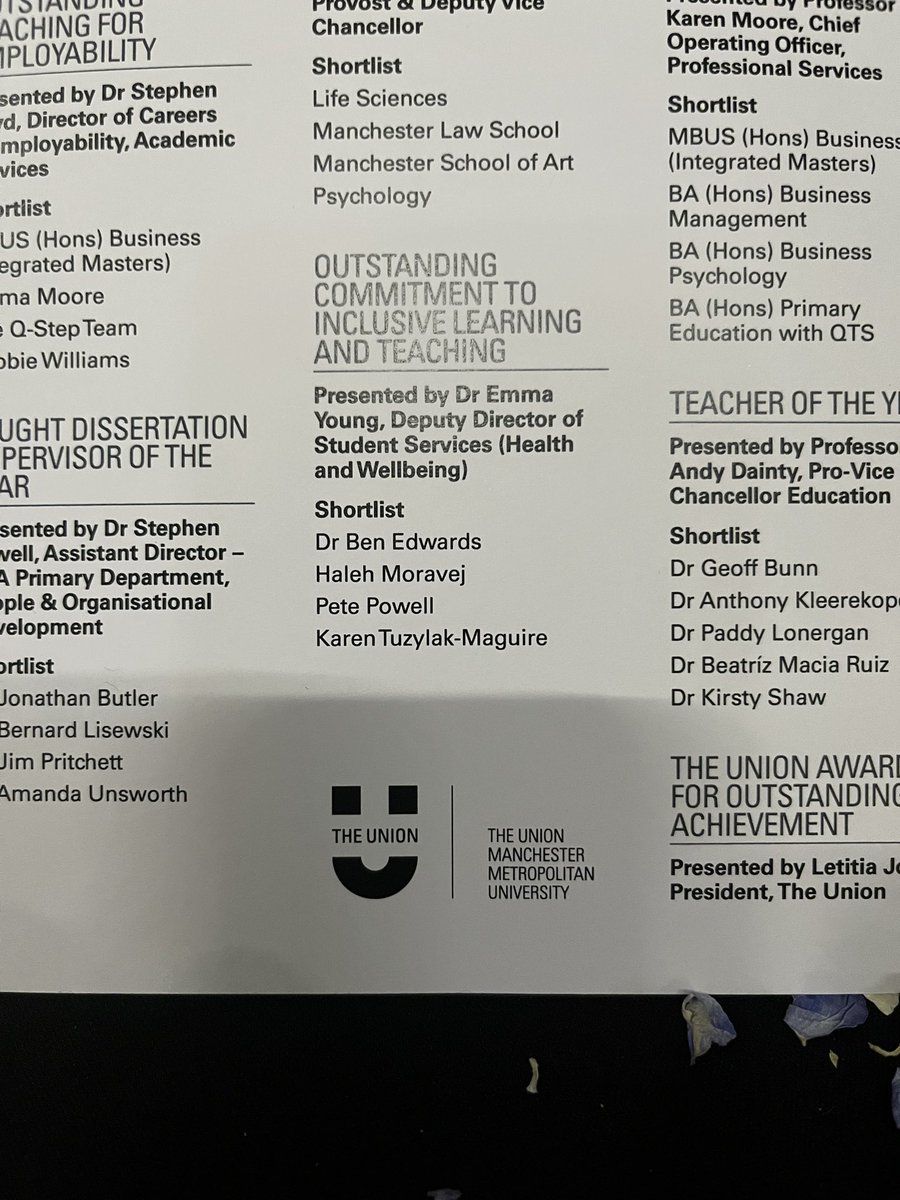 @TheUnionMMU @ManMetUni The faculty of health and education is #mcrmetproud to have two nominees for commitment to inclusive T&L @profsaulbecker