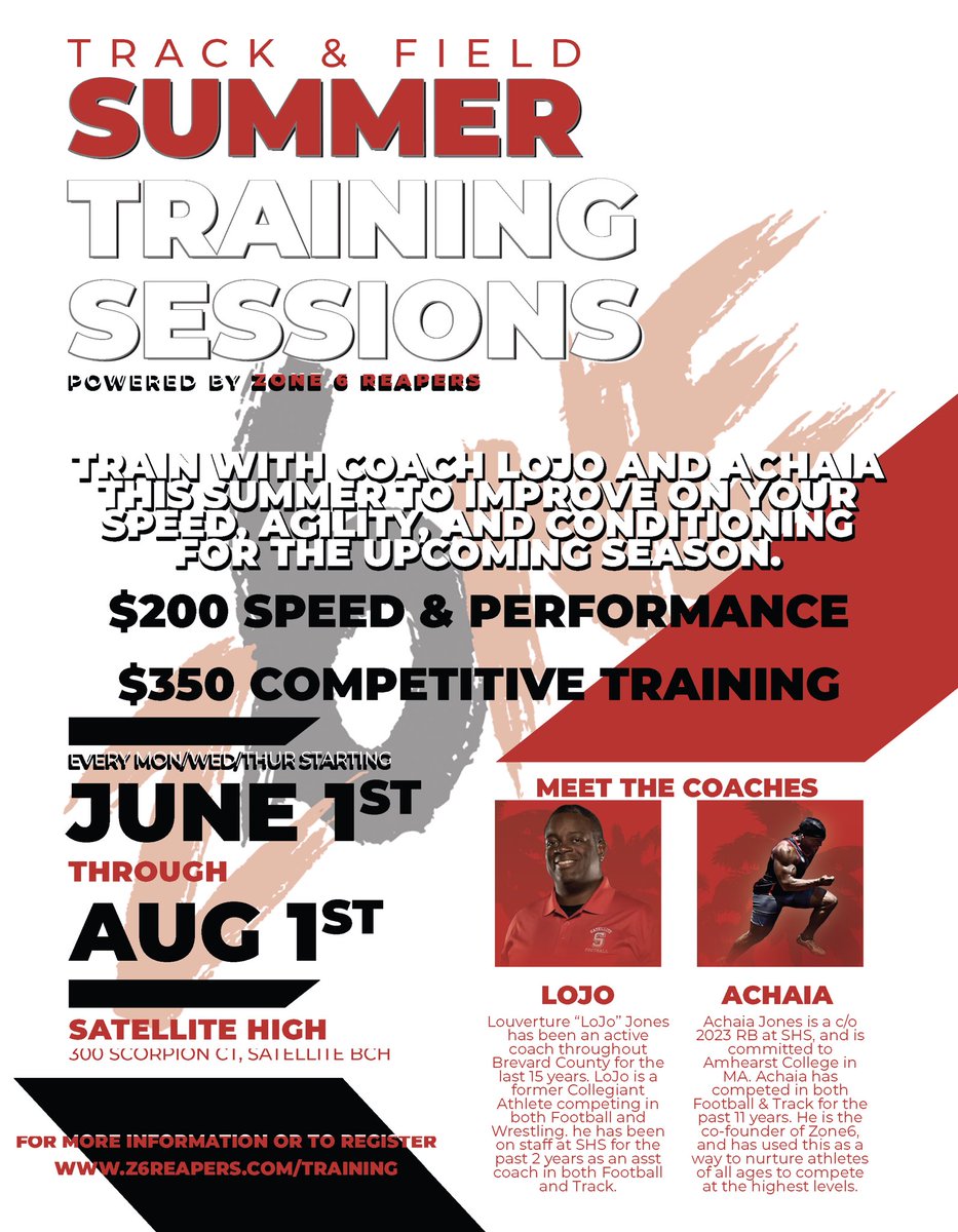 Zone 6 Reapers Summer Training and Track and Field Program 
TRY BEFORE YOU BUY!  

Trial Sessions on May 24th and 25th at Satellite High School Track @ 630pm.  Call us at 321-499-8288 for questions and registration.