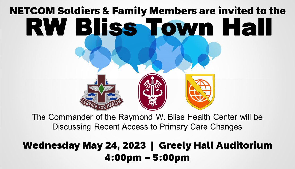 NETCOM Headquarters Soldiers and Family members are invited to attend this special townhall from @RWBAHC.
The event will update important recent changes with access to primary care care, and be an open forum to ask questions.

#PeopleFirst | #ArmyFamily