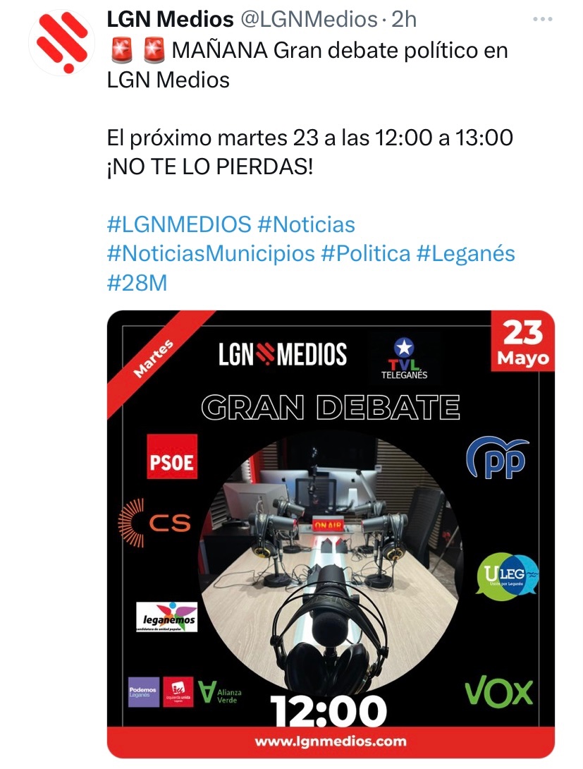 UnionporLeganes's tweet photo. 🗳️ ELECCIONES
En unos minutos el candidato y portavoz de #ULEG @CarlosULEG asistirá al debate político que organiza @LGNMedios en su radio 📻
#ULEG #Leganés #ULEGProgreso #ULEGesCambio #HoradeCambio #BuenoparaLeganés #VotaULEG #28M2023 ⏰ https://t.co/wlaFZENmHA