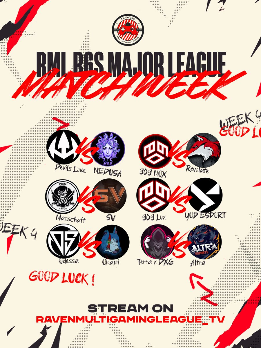 RMLoff's tweet photo. ⚔️ MATCH WEEK 4 ⚔️

Voici les matchs qui se dérouleront ce week-end 🔥

Vendredi 26 Mai
20h Odessa 🆚️ OKAMI
21h Terra 🆚️ Altra
22h DevilsLovz 🆚️ Medusa

Samedi 27 Mai 
20h 909 Nox 🆚️ Revolate
21h Mannschaft 🆚️ SV
22h 909 Lux 🆚️ YoD

GL à toutes les équipes 💪 https://t.co/ErWZHDyWad