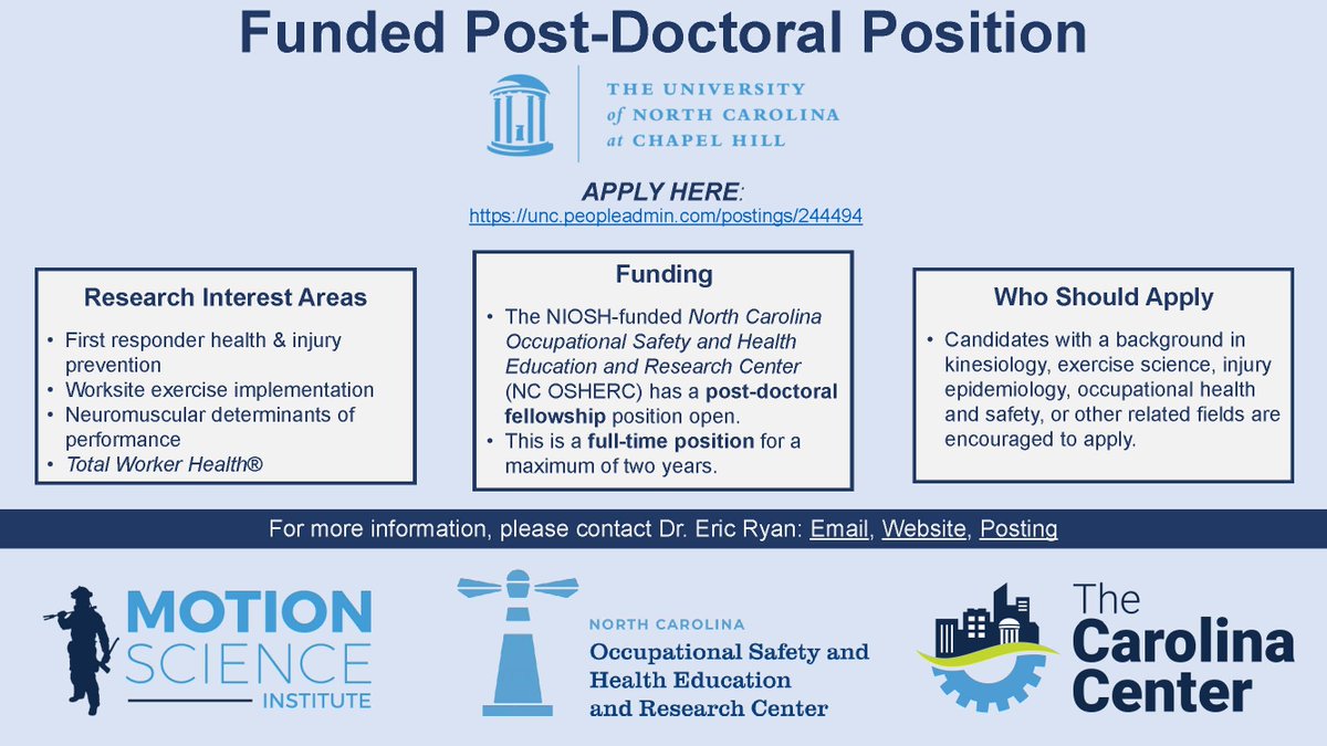 UNC EXSS (@uncexss) on Twitter photo Dr. Eric Ryan is seeking a postdoc to join <a href="/MOTION_UNC/">MOTION Science @ UNC</a>. Funded position involving:
first responder health & injury prevention,
worksite exercise implementation, neuromuscular determinants of performance.
Please RT! <a href="/UNC_HMSC/">UNC Human Movement</a>
Details: tinyurl.com/4yb2srw8 Dr. Eric Ryan is seeking a postdoc to join <a href="/MOTION_UNC/">MOTION Science @ UNC</a>. Funded position involving:
first responder health & injury prevention,
worksite exercise implementation, neuromuscular determinants of performance.
Please RT! <a href="/UNC_HMSC/">UNC Human Movement</a>
Details: tinyurl.com/4yb2srw8