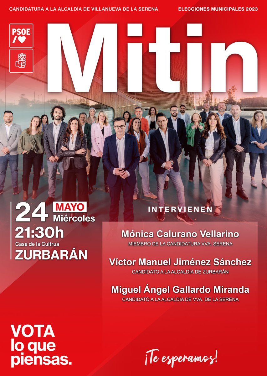 PsoeVvaSerena's tweet photo. MIÉRCOLES 24 DE MAYO MÍTINES EN CRUZ DEL RÍO Y ZURBARÁN:

🌹 MITIN en el Barrio Cruz del Río
📅 24/05
⌚ 20:00 h.

🌹 MITIN en el Zurbarán
📅 24/05
⌚ 21:30 h.
📍 Casa de la Cultura.

📲#AgendaMítines: https://t.co/ddy5lAYZ58
 #ElValorDeLaPalabra /❤️ #VotaLoQuePiensas #MAG23 https://t.co/Qezr1ZrsRm