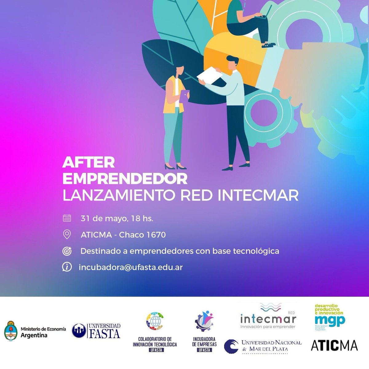 📢AFTER EMPRENDEDOR

📆Fecha: 31/05/2023

🕜Horario: 18 hs con una duración máxima de 2 horas.

📍Ubicación: ATICMA, Chaco 1670

❗Inscripción PREVIA AQUI: bit.ly/3MkXgKW

🫱🏻‍🫲🏼En colaboración con @intecmar