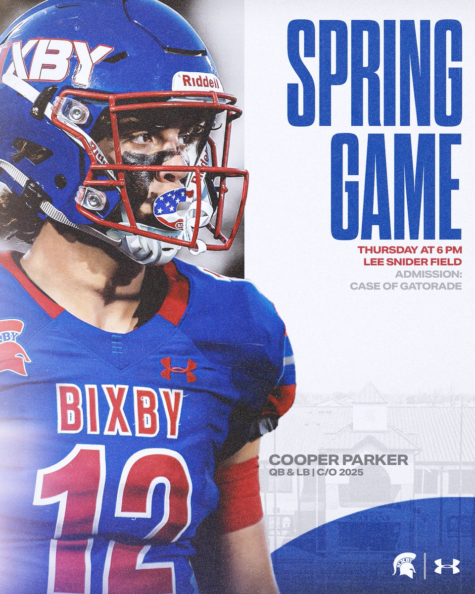 Spartan Nation, we’ll see you Thursday!

🏈 2023 Spartan Spring Game
📆 Thursday, May 25th at 6 pm
📍 Lee Snider Field
🎟️ One Case of Gatorade

There will be food trucks, Gold Ball photo booths, and so much more.

#BixbySpartans | #Undeniable