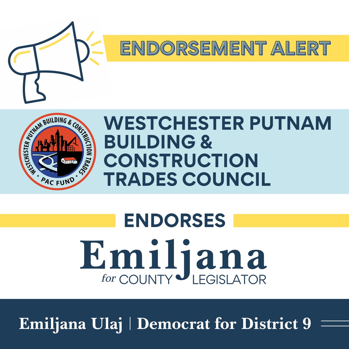 🚨ENDORSEMENT ALERT 🚨 
Honored for our campaign to be endorsed by the Westchester Putnam Building &amp; Construction Trades Council!

Organized labor is the strongest force we have fighting for the middle class, and I am so glad to have the WPBCTC as part of our campaign coalition.