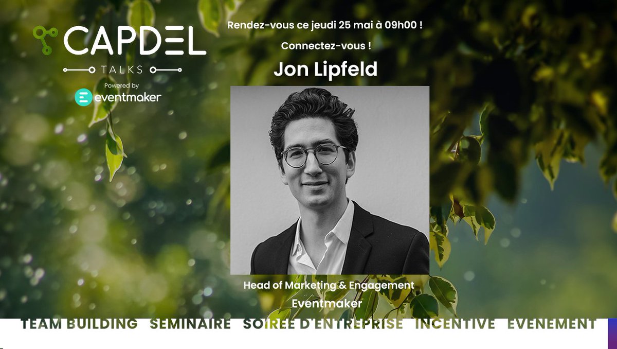 Dernière présentation dans le cadre de notre première édition des #CapdelTalks ! Nous pourrons compter sur <a href="/jonlipfeld/">Jon Lipfeld</a>, à l'initiative de cette table ronde.

Pour vous inscrire à ce live, propulsé par <a href="/Eventmakerio/">Eventmaker</a>  :

➡ capdeltalks.eventmaker.io

#live #event #GoGreen