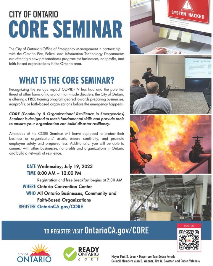 CityofOntario's tweet photo. Is your business prepared for when a disaster strikes?

Continuity &amp; Organizational Resilience in Emergencies (CORE) Seminar prepares businesses, nonprofits, or faith-based organizations through a structured series of training sessions. 

REGISTER NOW: https://t.co/nPa8Qkgllz https://t.co/EMx4zO7aoc