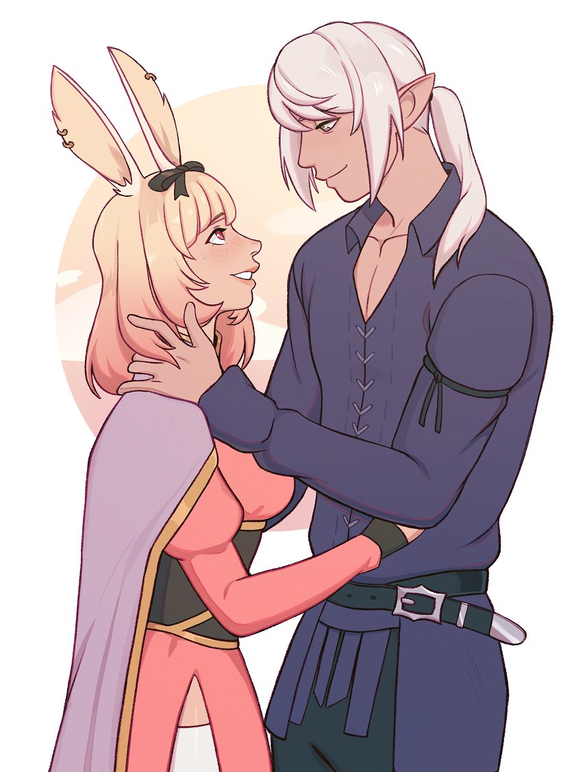 1boy animal ears 1girl rabbit ears elezen pointy ears looking at another  illustration images