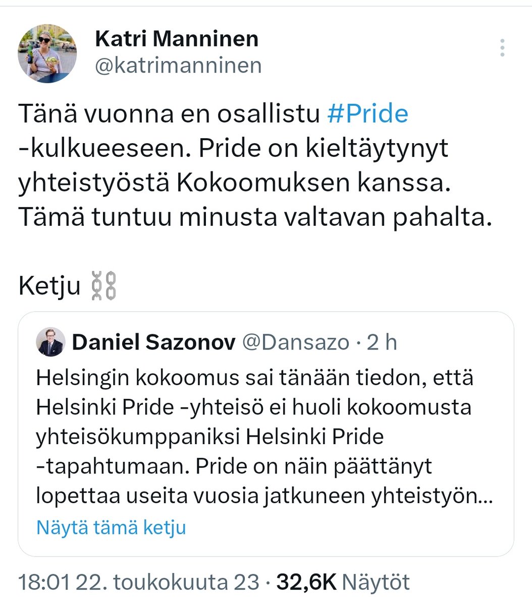 TiiaMaija's tweet photo. Tämä on niin noloa uhriutumista kokoomukselta, ja osoittaa Helsinki Priden päätöksen olleen täysin oikea.

Kyse ei ole sinun tunteistasi ja mahdollisuudesta poseerata puolueen edustajana, vaan siitä seisooko puolue vähemmistöjen takana. Syytä voi etsiä peilistä. #pride https://t.co/NFPv62mDp8