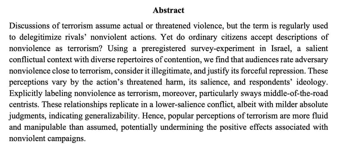 Proud to share that @alonyakter and my paper 'Is Terrorism Necessarily Violent? Public Perceptions of Nonviolence and Terrorism in Conflict Settings' has been accepted for publication @PSRMJournal. Some key points in this 🧵: 1/