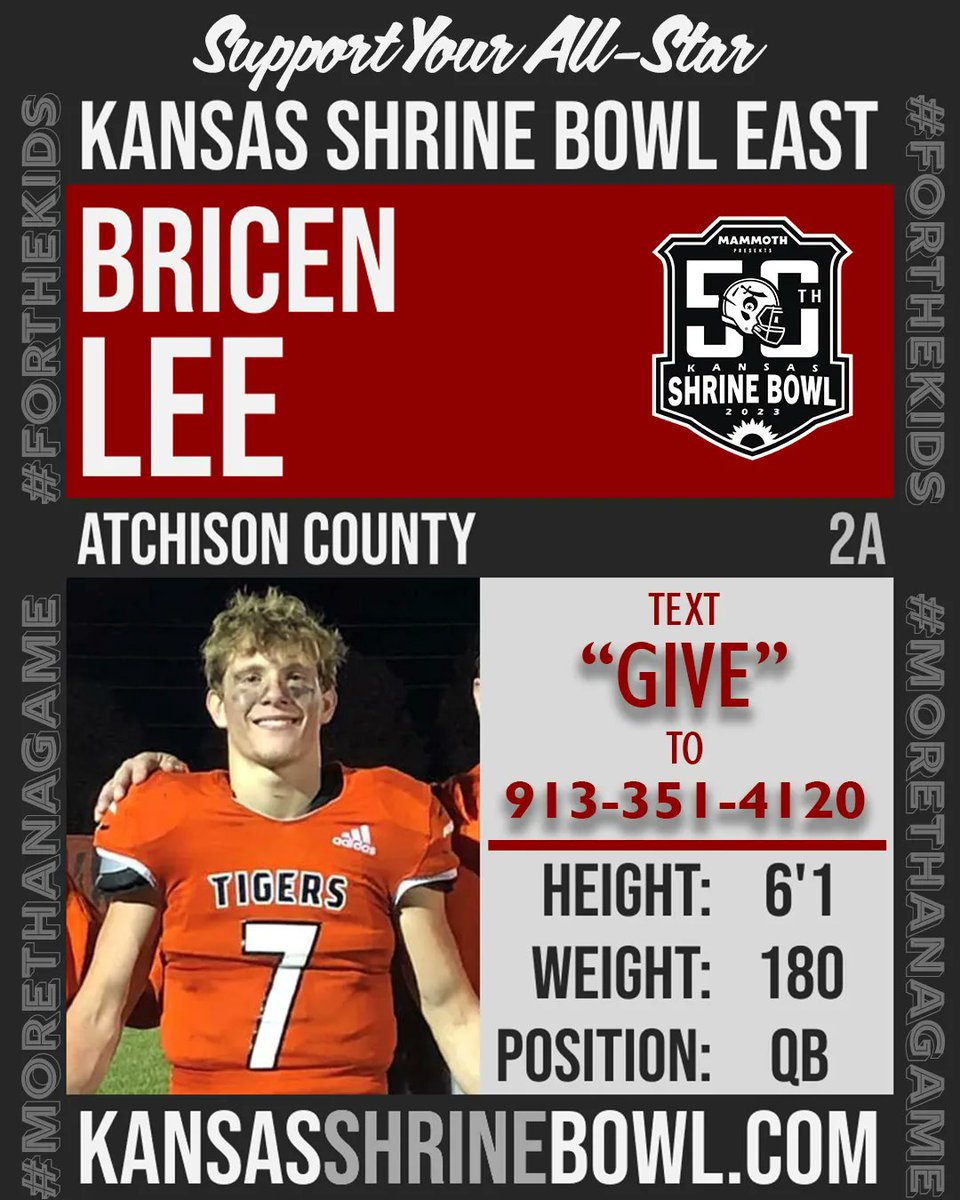 KSShrineBowl's tweet photo. All-Star Spotlight: @BricenLee, Atchison County, is the son of Christina &amp; Mike Lee. Lee, a 4 sport athlete, was named All-State HM, 1st Team NEK League - QB &amp; DB, &amp; a state qualifier in wrestling &amp; track. Bricen plans to continue playing football while pursing Kinesiology. https://t.co/UojWg6Qb0v