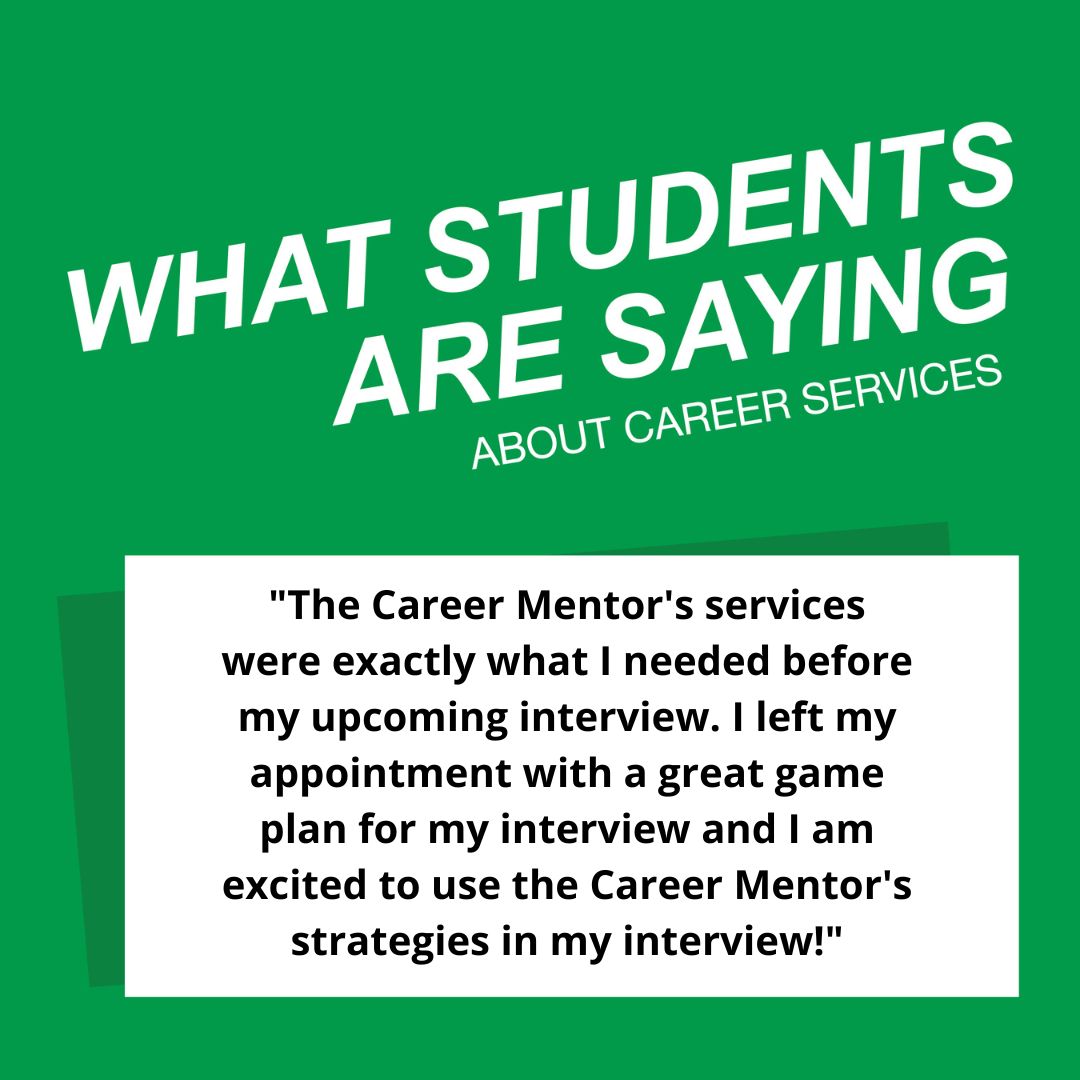 This week's review comes from a Junior majoring in Physical Therapy! This student utilized the mock interview service and has an "excellent" understanding of their new skills.

If you are looking to improve your interview skills or resume, Career Services has got your back!
